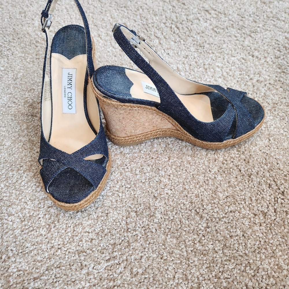 Jimmy Choo 105mm Amely Denim Cork Wedge,size 8